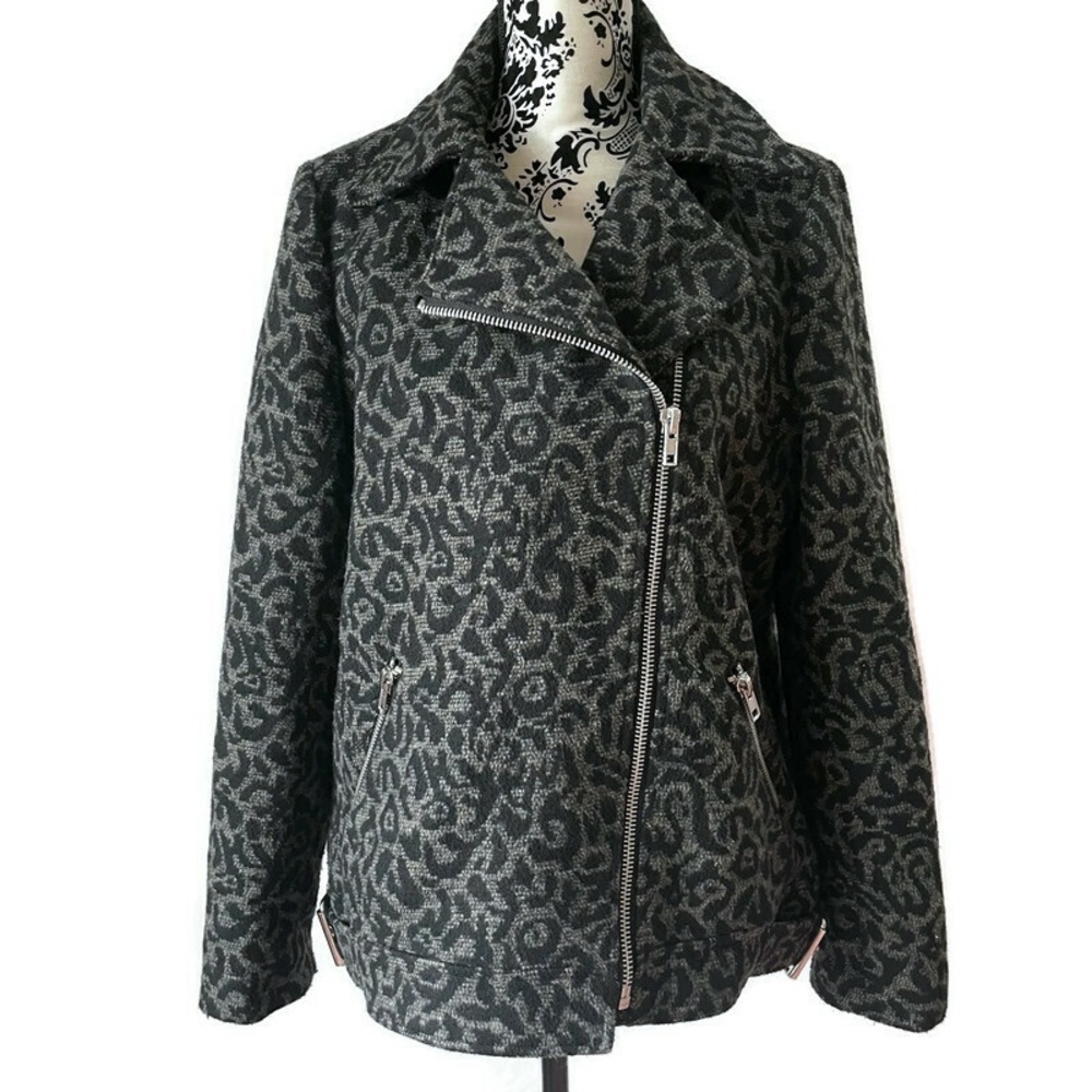 Black/Gray Moto-zip Leopard Print Coat